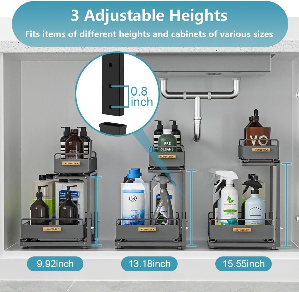 Under Sink Organizer, Pull Out Kitchen Cabinet Organizer, 2-Tier Metal under Sink Organizers and Storage Height-Adjustable, Kitchen Bathroom Organizers and Storage Shelves, Black