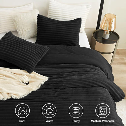 Fluffy Queen Comforter Set - Super Soft Faux Fur Black Comforter Queen Size, Winter Warm Fleece Bedding Set, 3 Pieces Plush Fuzzy Bed Set (1 Shaggy Comforter, 2 Pillowcases)