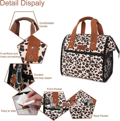 Leopard Lunch Bag Insulated Lunch Bags for Women Men and Kids Reusable & Wide-Open Lunch Tote Bag Portable Insulated Bag for Office, School and Picnic, (Beige with Leopard)