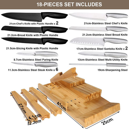 Bamboo In-Drawer Knife Block Set for 16 Knives(Not Included), Large Kitchen Detachable Washable Cutlery Slot Organizer Storage Holder for Sharpening Steel and Cutter