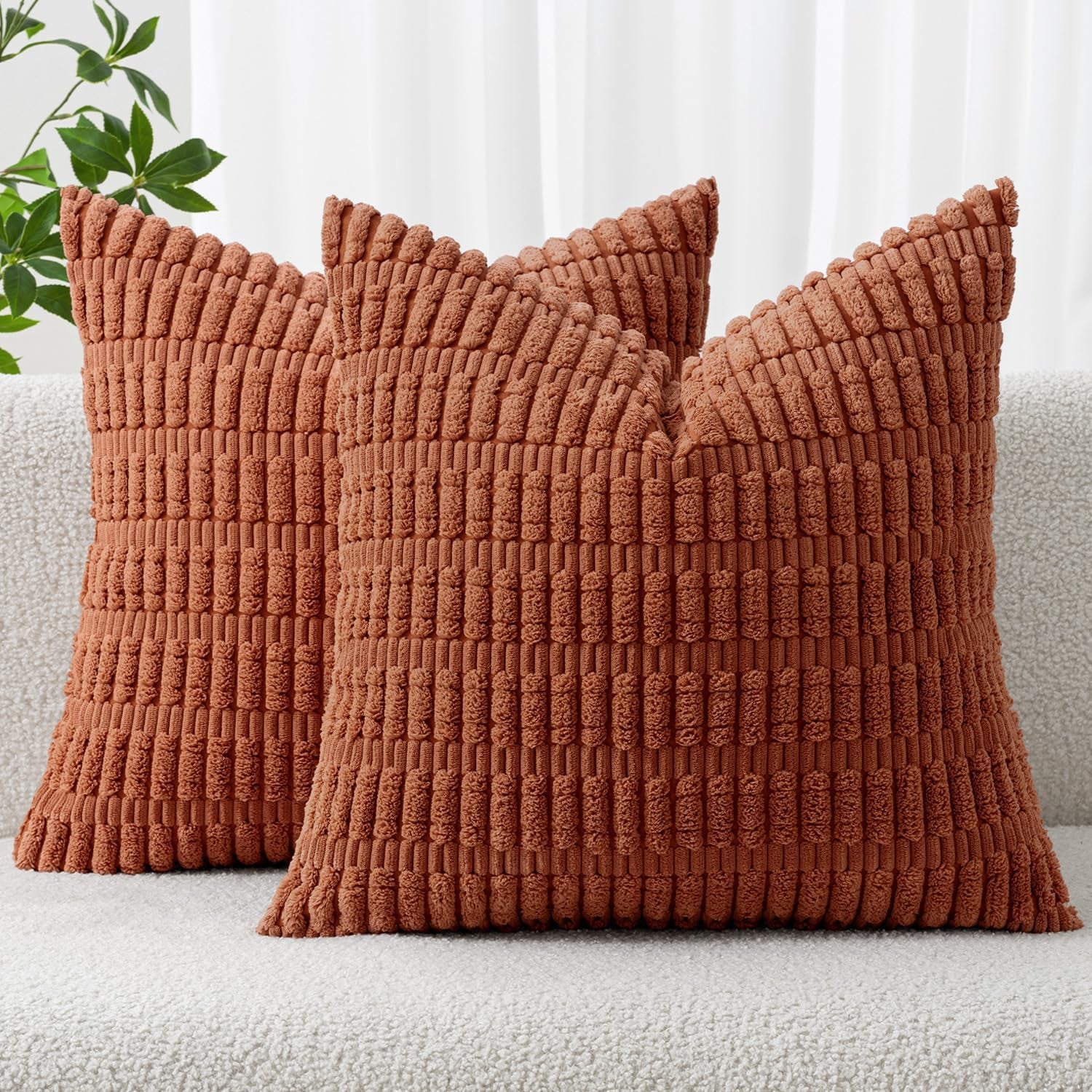 Pack of 2 Dark Rust Corduroy Decorative Fall Pillow Covers 18X18 Inch Soft Boho Striped Throw Pillow Covers Modern Farmhouse Home Decor for Summer Sofa Living Room Couch Bed
