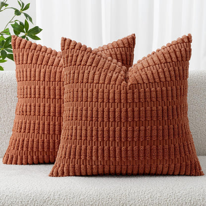Pack of 2 Dark Rust Corduroy Decorative Fall Pillow Covers 18X18 Inch Soft Boho Striped Throw Pillow Covers Modern Farmhouse Home Decor for Summer Sofa Living Room Couch Bed