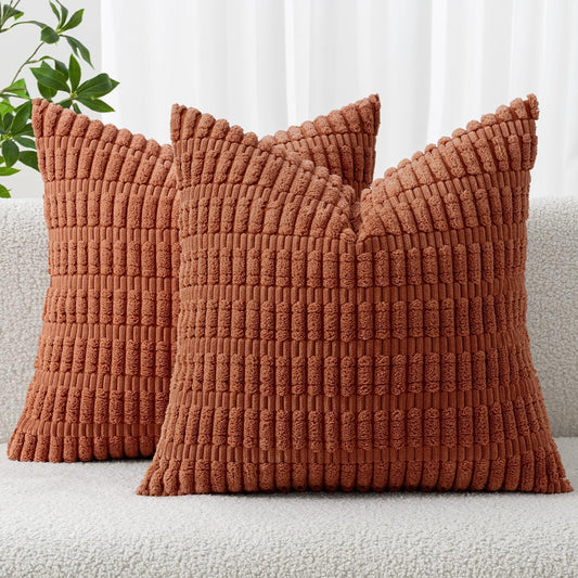 Pack of 2 Dark Rust Corduroy Decorative Fall Pillow Covers 18X18 Inch Soft Boho Striped Throw Pillow Covers Modern Farmhouse Home Decor for Summer Sofa Living Room Couch Bed