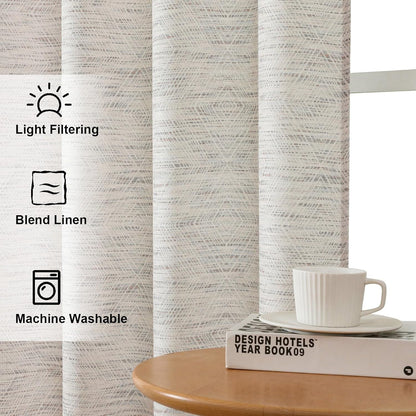 Linen Blend Curtains 84 Inch Length 2 Panels Set, Light Filtering Soft Airy Rhombus Printed Rod Pocket Window Drapes for Living Room, 38Wx84L Inch, 2 PCS