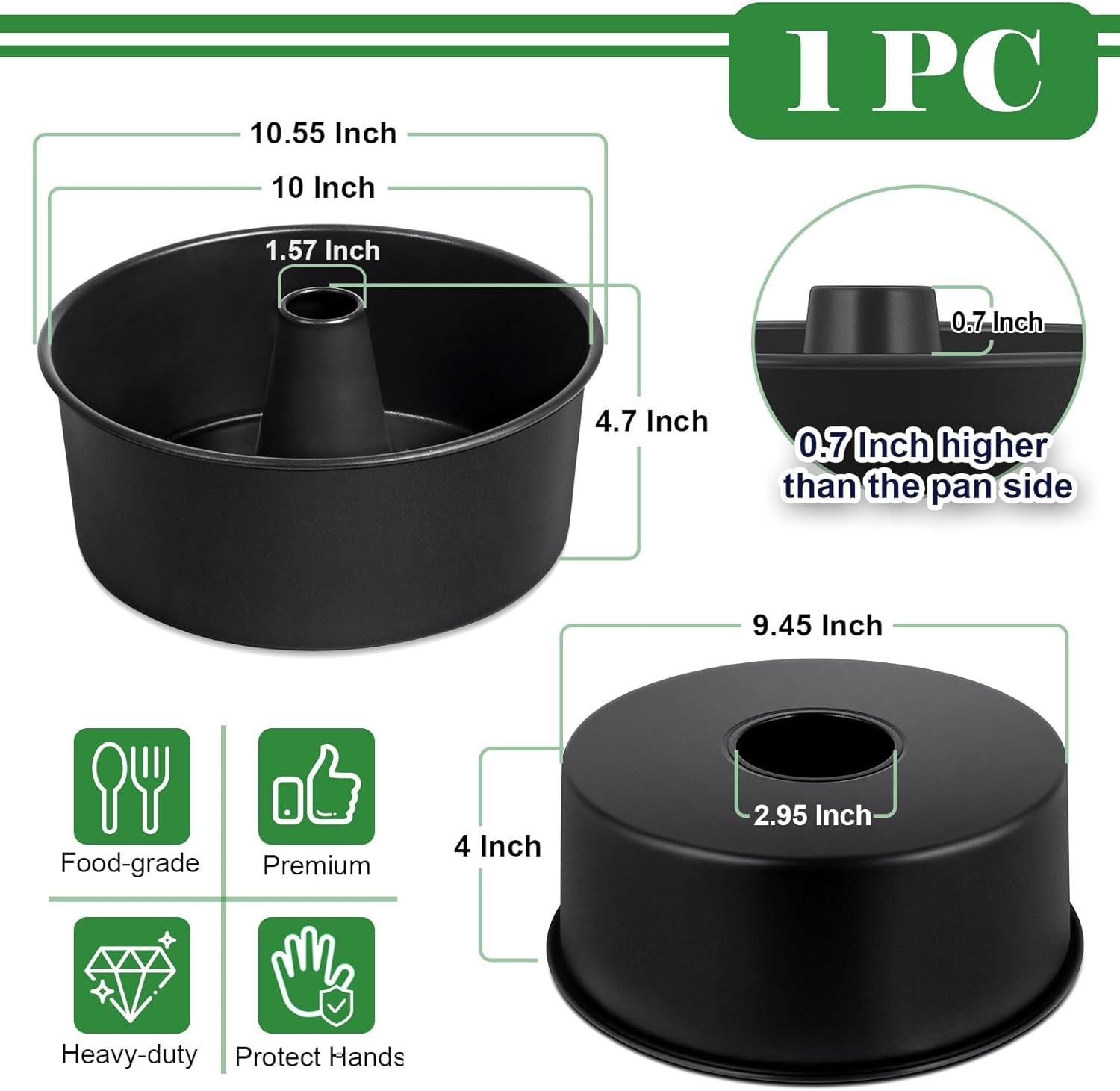 Angel Food Cake Pan, 10 Inch Cake Pan round Baking Tube Tin for Baking Pound Cakes, Conical Hollow & One-Piece Design, Stainless Steel Core & Heavy-Duty, Oven Safe - Black