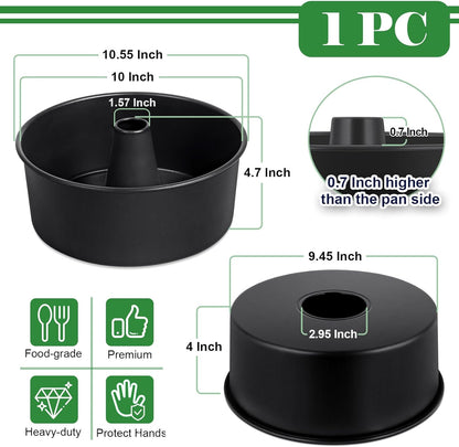 Angel Food Cake Pan, 10 Inch Cake Pan round Baking Tube Tin for Baking Pound Cakes, Conical Hollow & One-Piece Design, Stainless Steel Core & Heavy-Duty, Oven Safe - Black