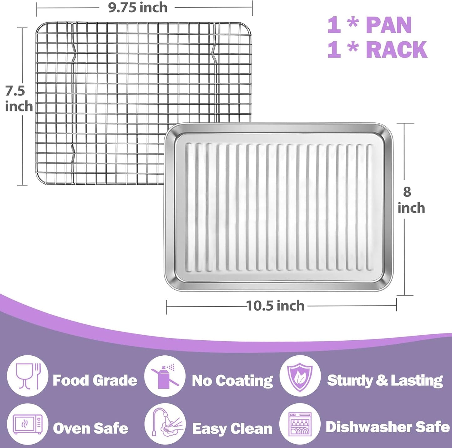 Baking Oven Pan with Wire Rack, Stainless Steel Baking Oven Sheet Tray, Bacon Pan and Cooling Rack for Cooking Roasting Cookie, Dishwasher Safe & Easy Clean, 10.5 X 8 X 1 Inch
