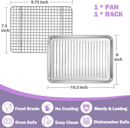 Baking Oven Pan with Wire Rack, Stainless Steel Baking Oven Sheet Tray, Bacon Pan and Cooling Rack for Cooking Roasting Cookie, Dishwasher Safe & Easy Clean, 10.5 X 8 X 1 Inch