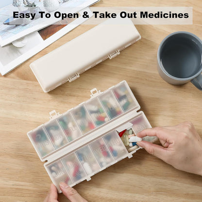 Foldable Pill Organizer 2 Times a Day W/Etched Labels -Dual Protection & Portable Weekly AM PM Pill Box, 7 Day Medicine Container, Large Travel Pill Case for Week Daily Supplement Vitamin - Khaki