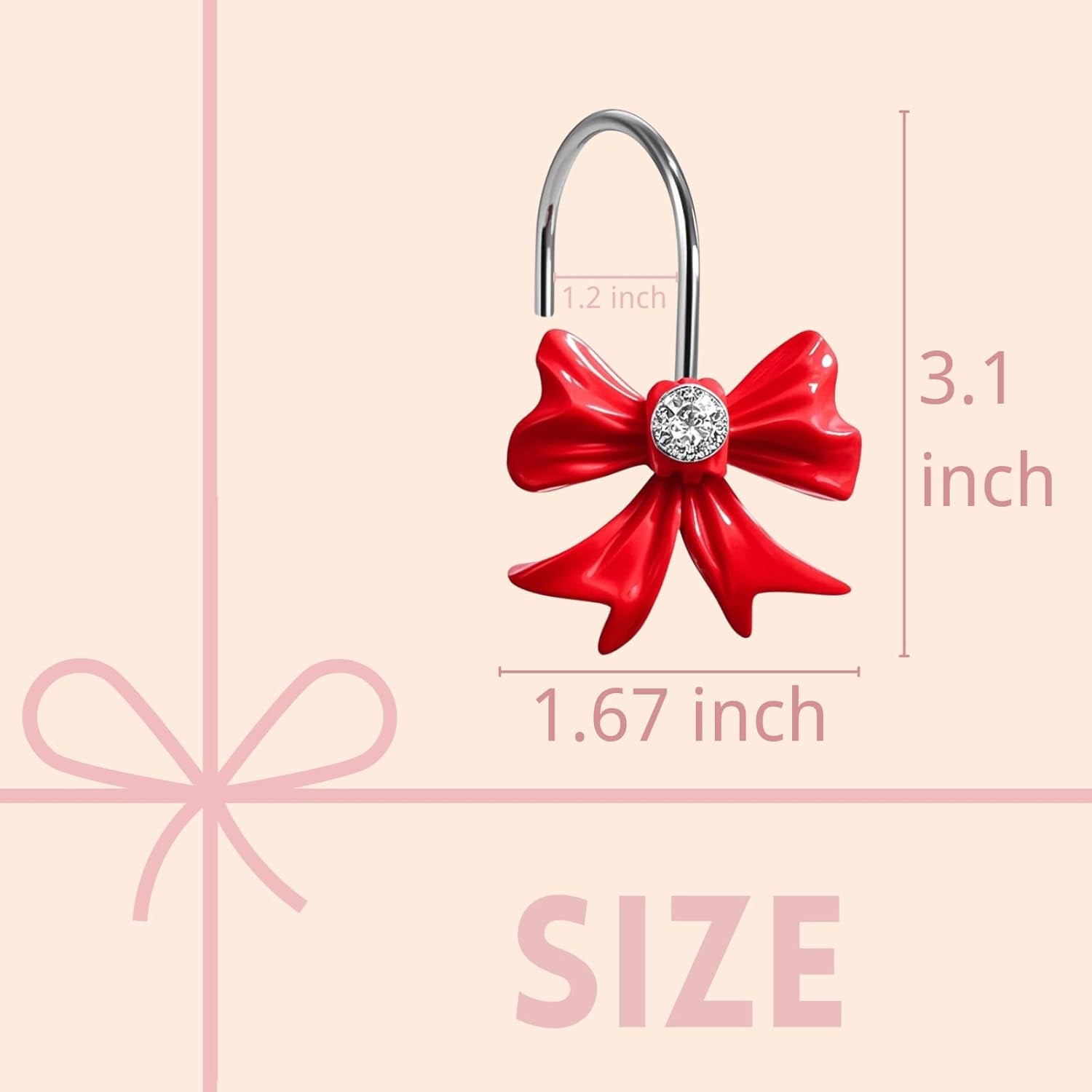 12Pcs Red Bow Shower Curtain Hooks Set, Kawaii Bow Resin Hooks for Red Bathroom Decor, Christmas, Coquette Bedroom, Girly Nursery, Cute Home Accessories