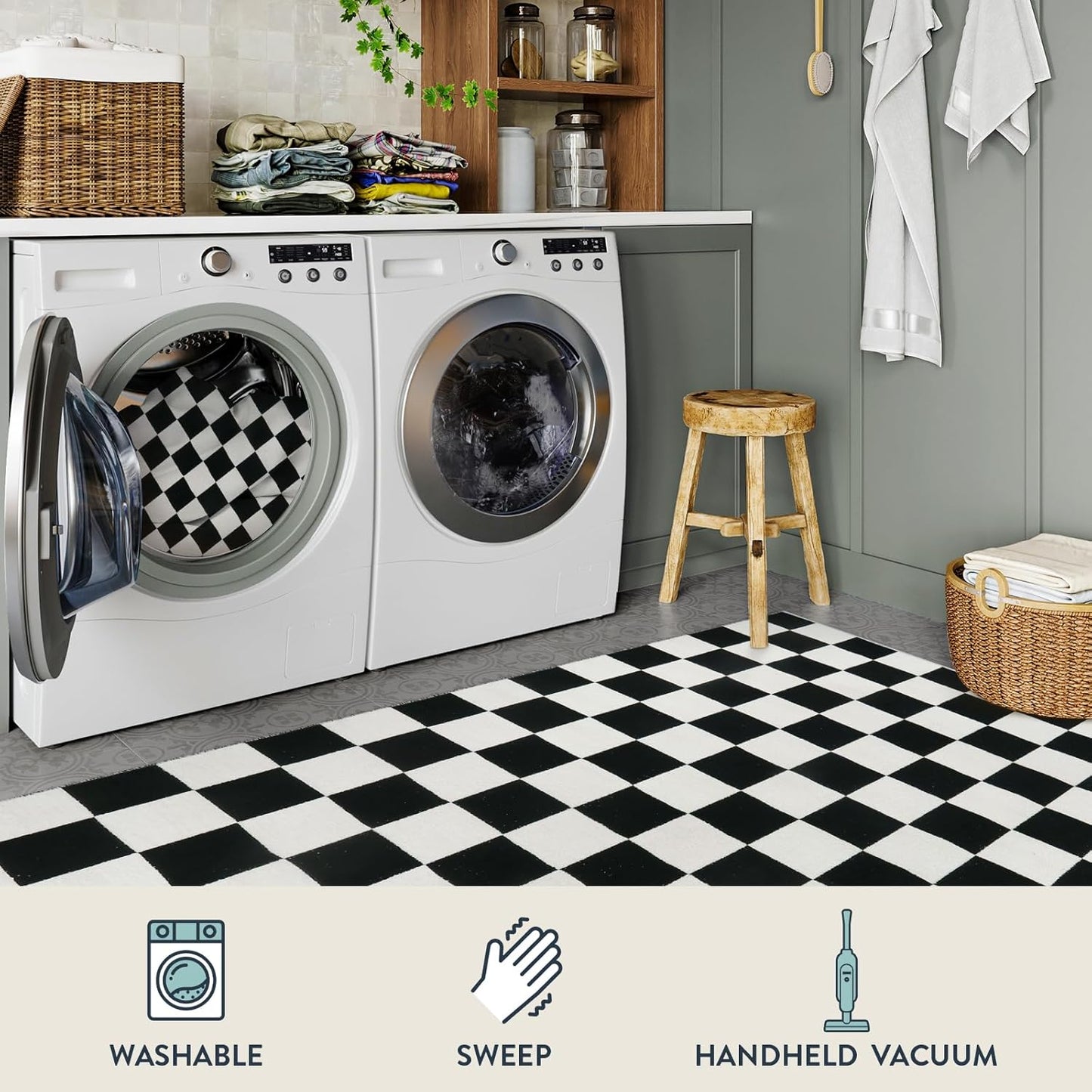 3X5 Small Checkered Race Car Rug for Bedroom, Cotton Woven Black and White Checker Area Rug for Classroom Nursery Dorm, Soft Low Pile Checkerboard Carpet for Playroom Bathroom Kids Room