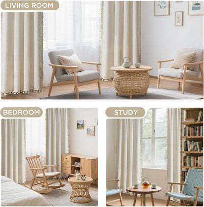 Beige Bohemian Curtains, 84-Inch Length, Set of 2 Panels, Soft Semi-Sheer Light Filtering Drapes with Tassels for Bedroom and Living Room (Rod Pocket, 52"W x 84"L)