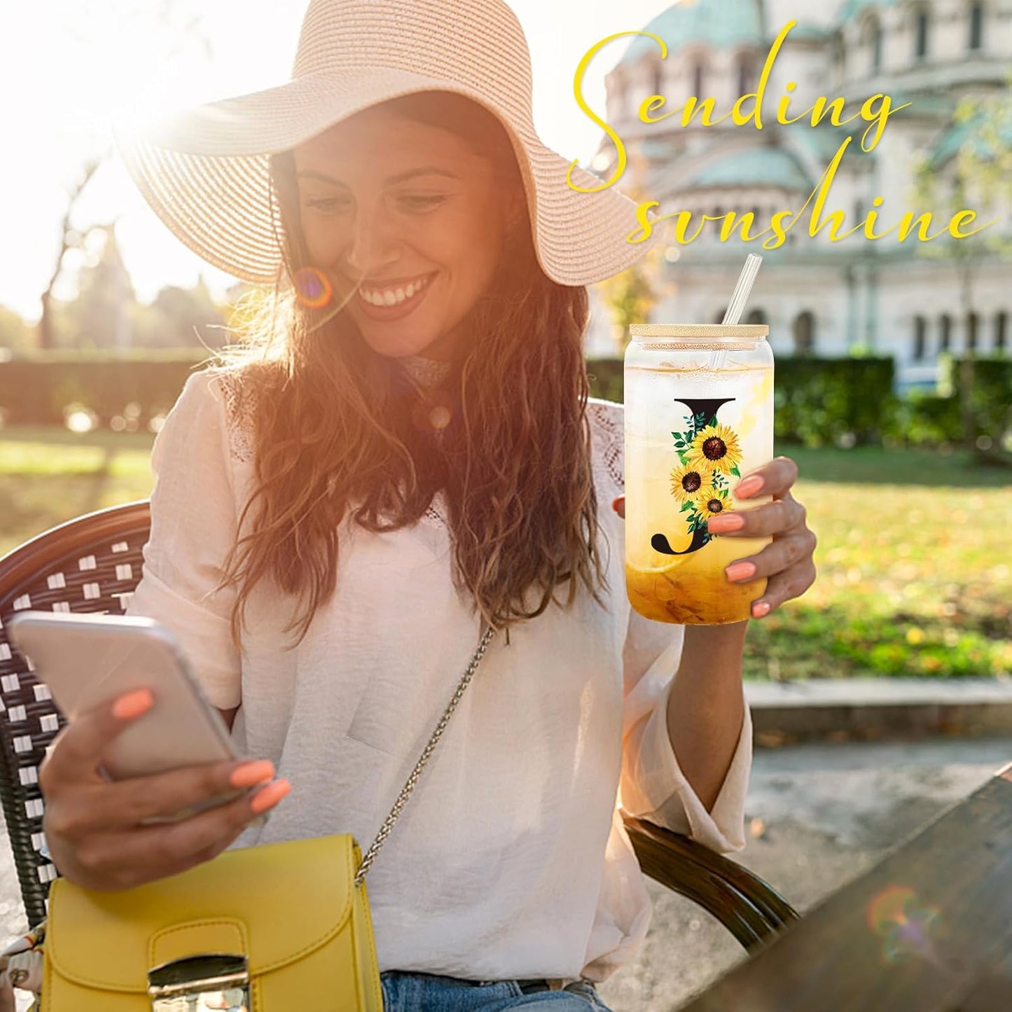 Birthday Gifts for Women, Initial Glass Cups W Lids and Straws, Sunflower Gifts for Women, Personalized Gifts, 16Oz Glass Tumbler Cups W/Straw Lid, Monogrammed Gifts, Birthday Gifts for Her Mom - J