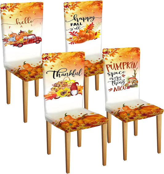 Thanksgiving Maple Chair Covers - Set of 4 Vintage Removable and Washable Slipcovers for Autumn Dining Decor (Pumpkin Design)