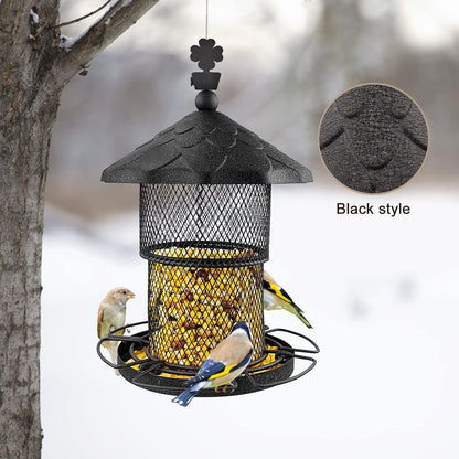 Metal Bird Feeder Tube Hanging Wild Bird Seed Feeder Squirrel Proof Birds Feeder for outside Decoration, Large Capacity Feeder for Outdoor Garden，Black