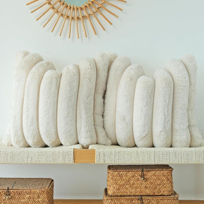 Pack of 2 Faux Fur Plush Decorative Throw Pillow Covers Couch Cushion Case Soft Fluffy Pillowcases Wide Stripe (Beige, 18 X 18 Inch)