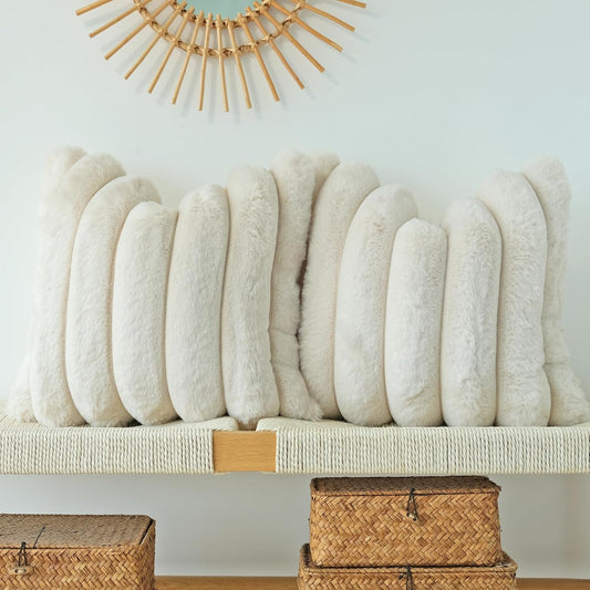 Pack of 2 Faux Fur Plush Decorative Throw Pillow Covers Couch Cushion Case Soft Fluffy Pillowcases Wide Stripe (Beige, 18 X 18 Inch)