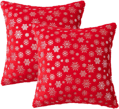 Christmas Red Throw Pillow Covers Set of 2 Snowflakes Decorative Winter Couch Pillowcases 18×18 Inch Soft Plush Faux Fur Farmhouse Home Holiday Festival Decors for Sofa Living Room Bed