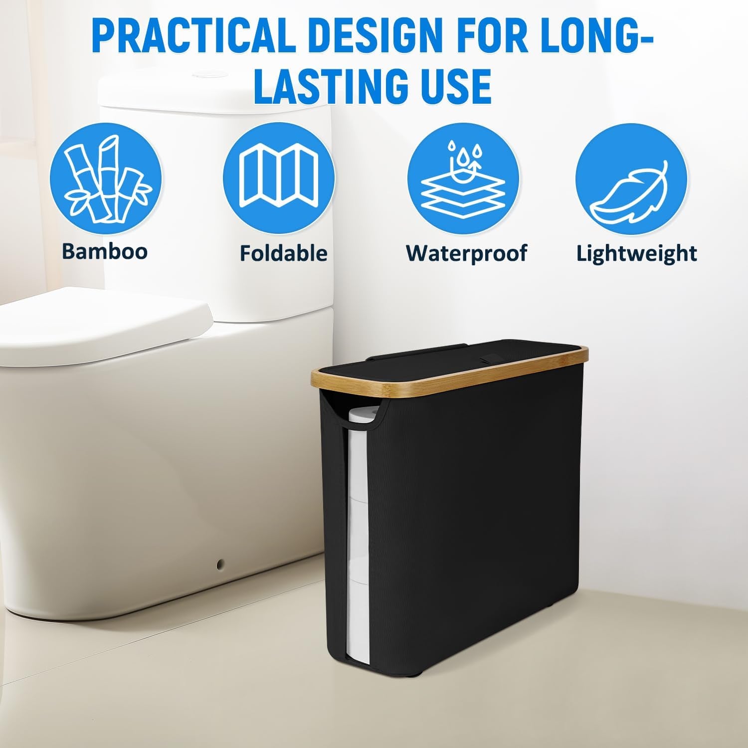 Toilet Paper Storage Basket, Toilet Paper Container with Lid, Bathroom Organizer Hold up to 9 Mega Rolls or 12 Regular Rolls, Black