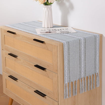 Farmhouse Table Runner 60 Inches - Macrame Woven Cotton Rustic Fall Thanksgiving Runner with Tassels for Boho Home Decor Living Dining Room - 13X60 Inches Silver