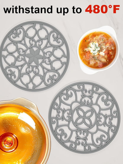 3 Set Silicone Trivet Mats, Multi-Use Carved Trivet Mat, Insulated Non-Slip Durable Kitchen Mats, Flexible Modern Kitchen Table Mat, for Hot Dishes, Pots, Dining Countertop, Grey, STM413H