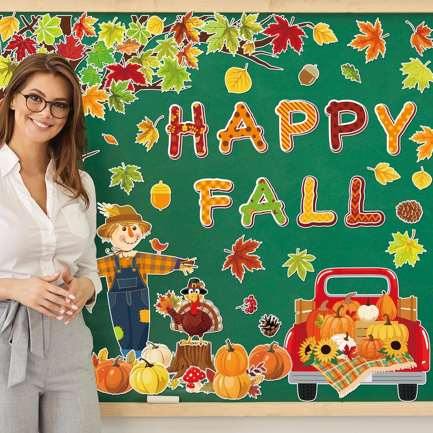 89Pcs Happy Fall Bulletin Board Decorations Set Fall Tree Pumpkin Maple Leaves Turkey Cutouts with Glue Points for Halloween Thanksgiving Autumn Home School Classroom Wall Chalkboard Decor