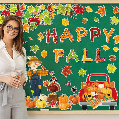 89Pcs Happy Fall Bulletin Board Decorations Set Fall Tree Pumpkin Maple Leaves Turkey Cutouts with Glue Points for Halloween Thanksgiving Autumn Home School Classroom Wall Chalkboard Decor