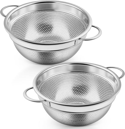 Colander Strainer Stainless Steel 3 Quart, Metal Micro-Perforated Colander for Kitchen Food, Ideal for Rinsing Washing Draining, Dishwasher Safe, Shiny Silver, 2PCS