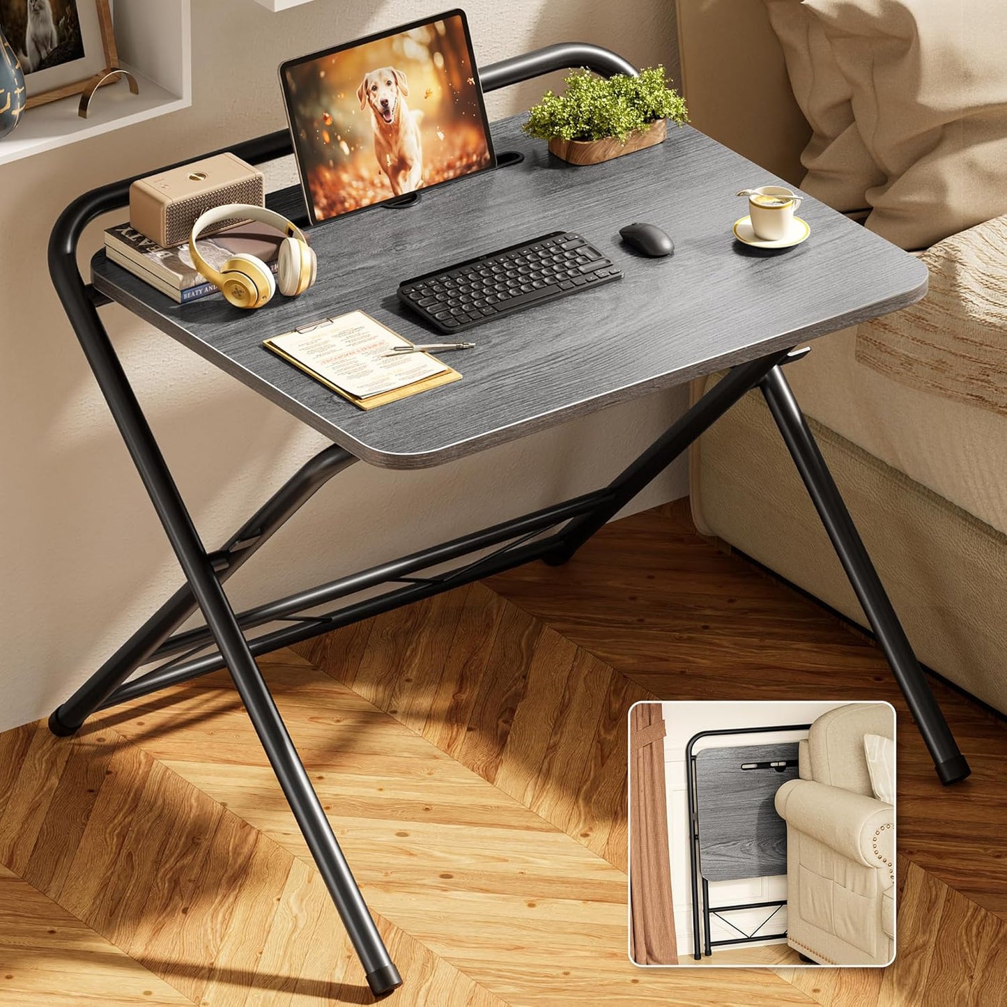 Folding Desk with Adjustable Height and Tablet Slot, 24-Inch Compact Computer Desk for Small Spaces, Space-Saving Writing Table for Home Office, Bedroom, and Study, Grey