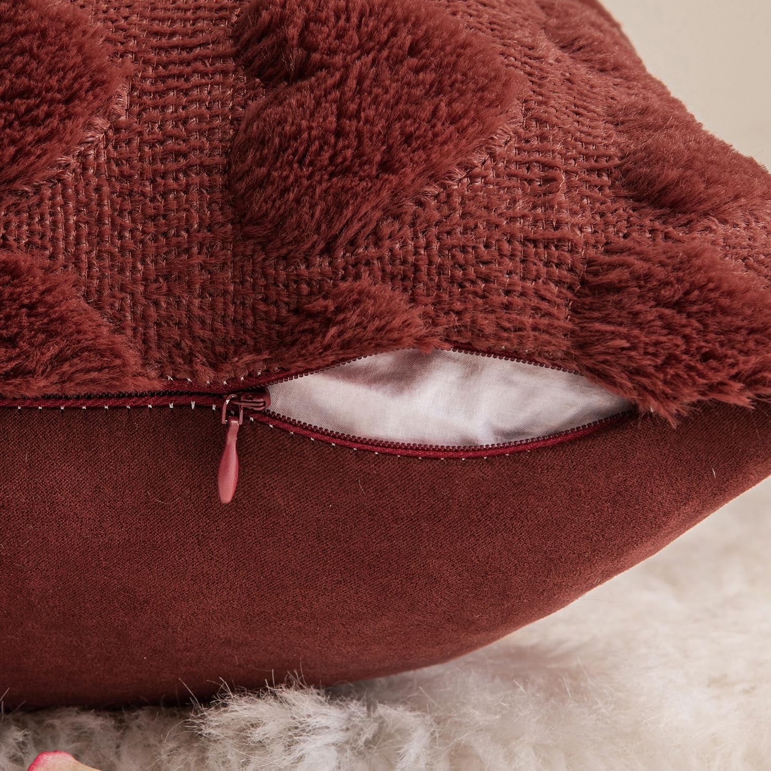 Set of 2 Burgundy Valentines Pillow Covers Heart Love Christmas Decorative Christmas Cute Throw Pillows 18X18 Inch Soft Plush Faux Wool Farmhouse for Spring Sofa Livingroom Bed