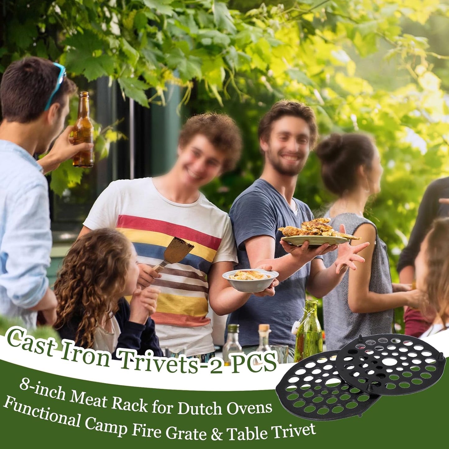 Cast Iron Trivet Set (2 Pieces) - 8-Inch Heavy-Duty Meat Rack for Dutch Ovens, Pre-Seasoned Campfire Grate, Burner Diffuser, and Table Trivet - Rust-Resistant Cast Iron Griddle Accessories