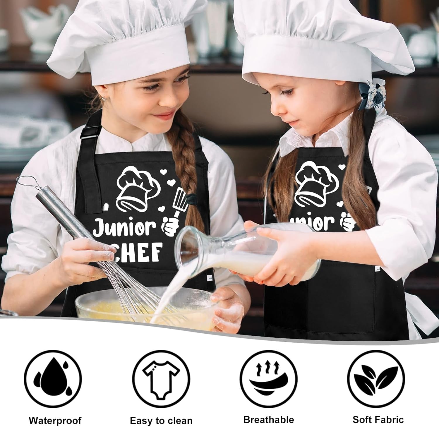 Kids Apron and Chef Hat Set, Funny Apron (Junior CHEF) Adjustable Child Apron with 2 Pockets Waterproof Chef in Training Gifts for Boys and Girls 64 X 45 Cm