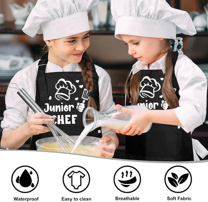 Kids Apron and Chef Hat Set, Funny Apron (Junior CHEF) Adjustable Child Apron with 2 Pockets Waterproof Chef in Training Gifts for Boys and Girls 64 X 45 Cm