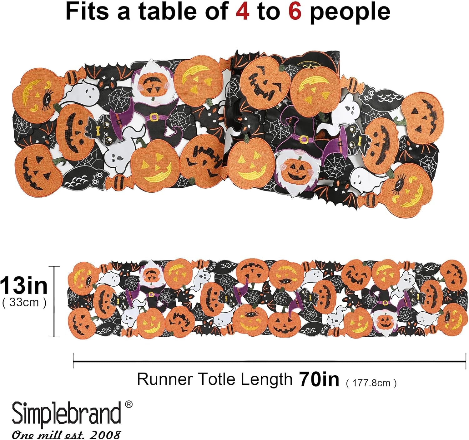 Fall Halloween Table Runner 70 Inches Long, Cutwork Applique Embroidered Pumpkins and Bats Dresser Scarf for Home Dining Holiday Autumn Halloween Thanksgiving Decor, 13 X 70 Inch