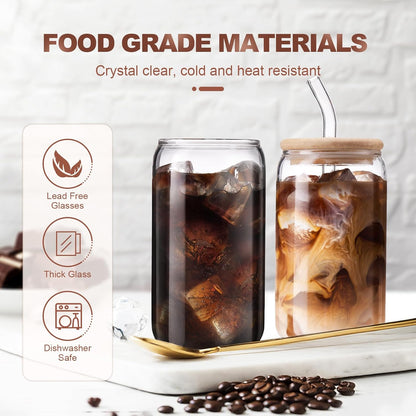 Iced Coffee Cups with Lids 2 Pcs,16 Oz Glass Cups with Lids and Straws as Coffee Bar Accessories,Beer Drinking Glasses,Reusable Glass Tumbler,Cute Coffee Cups for Coffee, Juice, Gifts