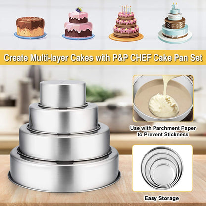 Cake Pans Sets for Baking, 4" + 6" + 8" + 9.5" 4 Piece Stainless Steel round Cake Pans Tin, Oven/Pot/Dishwasher Safe, Combination of Different Sizes, Leak-Proof & Easy Clean