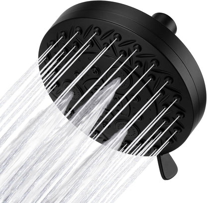 8 Spray Modes Shower Head, 5 Inch High Pressure Shower Heads with 62 Anti-Clogging Nozzles and Adjustable Brass Ball Joint, Replacement for Bathroom Showerhead, Matte Black