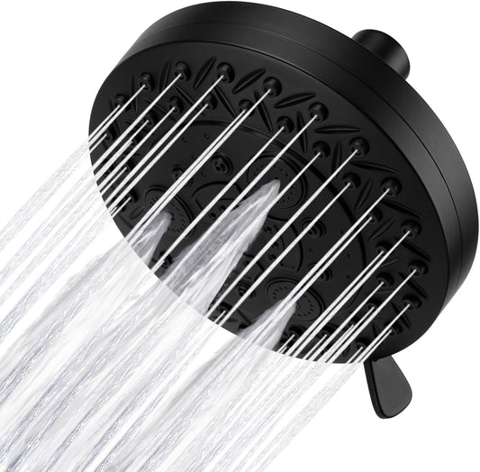 8 Spray Modes Shower Head, 5 Inch High Pressure Shower Heads with 62 Anti-Clogging Nozzles and Adjustable Brass Ball Joint, Replacement for Bathroom Showerhead, Matte Black