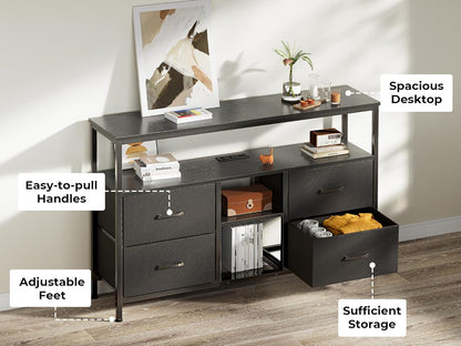 TV Stand Dresser with Integrated Power Outlets and LED Lighting, 4-Drawer Entertainment Center with Open Shelf, Media Console for 43-50 Inch TVs, Black PU Finish
