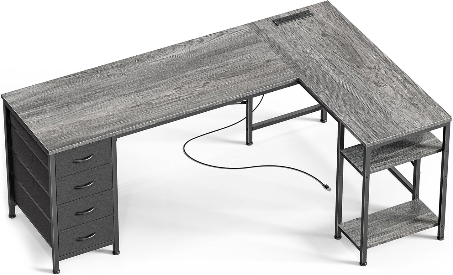 63-Inch L-Shaped Desk with Fabric Drawers, Reversible Computer Gaming Desk Featuring Power Outlets and USB-C Port, Adjustable Side Storage Shelves for Home Office and Study Corner, Grey