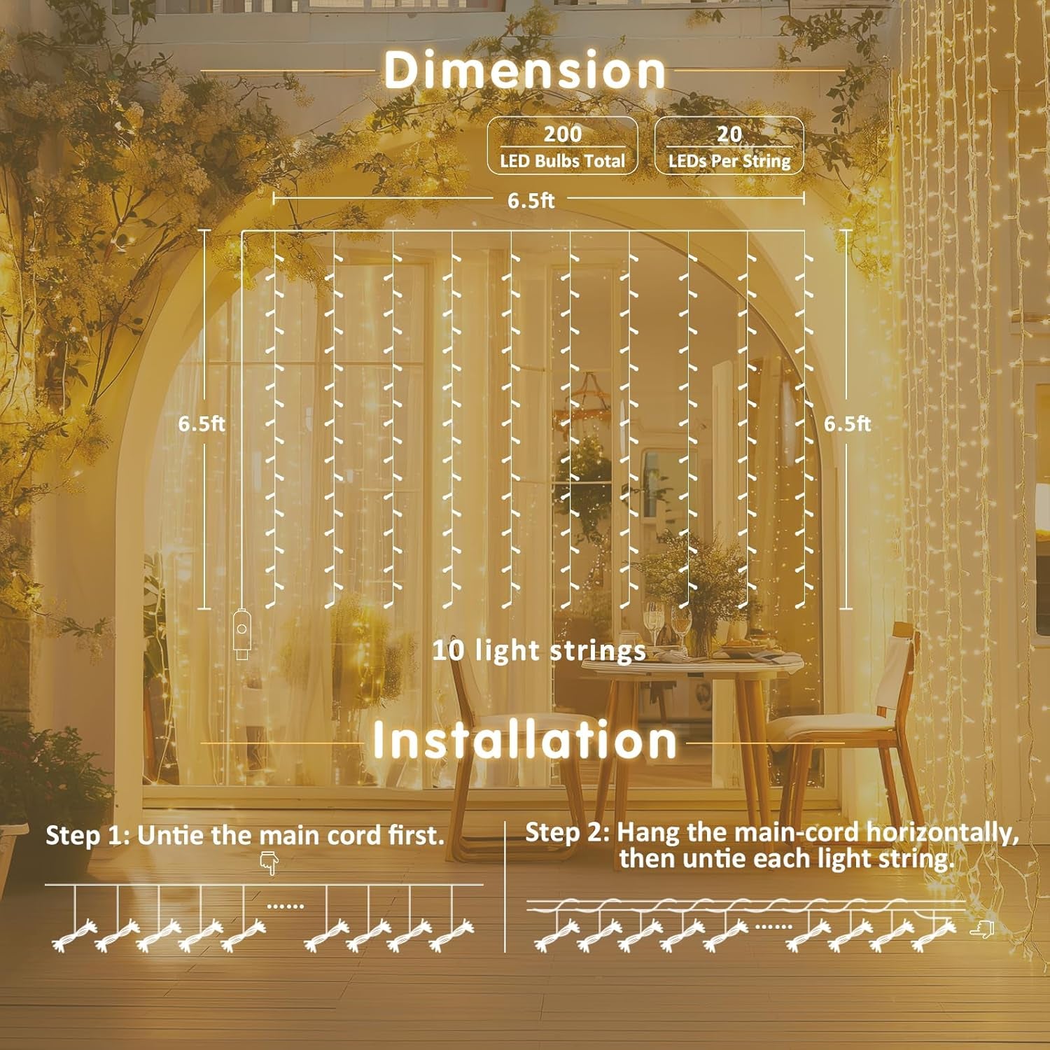 200 LED Curtain Lights for Bedroom, Warm White Hanging Curtain String Lights Indoor, USB Plug in Dorm Twinkle Lights with Remote for Wall Backdrop Wedding Birthday Party Decor, 6.5Ft X 6.5Ft