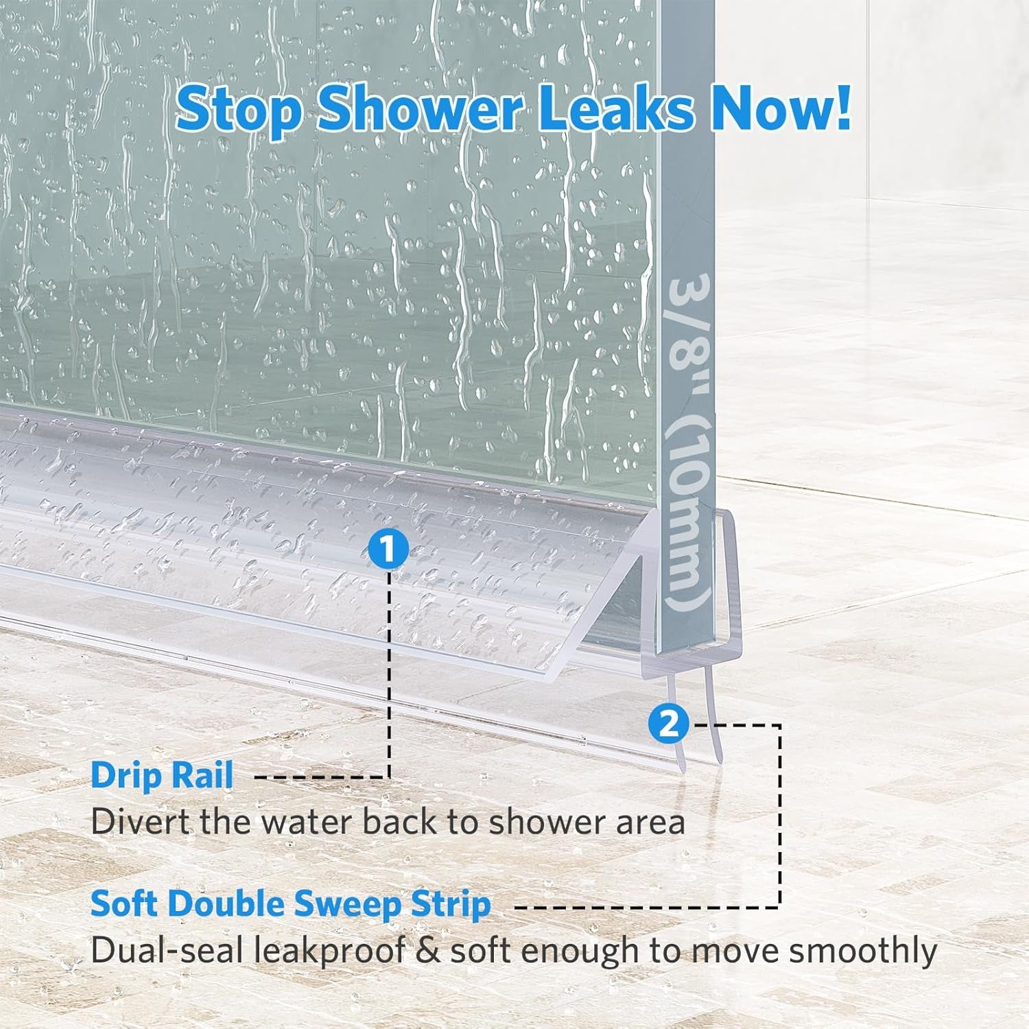 Shower Door Bottom Seal, 3Pack Shower Door Sweep Strip, Frameless Glass Doors Seal Strip for 3/8'' (10Mm) Thick Doors, Showers Water Guard & Barrier - Stop Water Leakage, 39.3'' X 0.39''