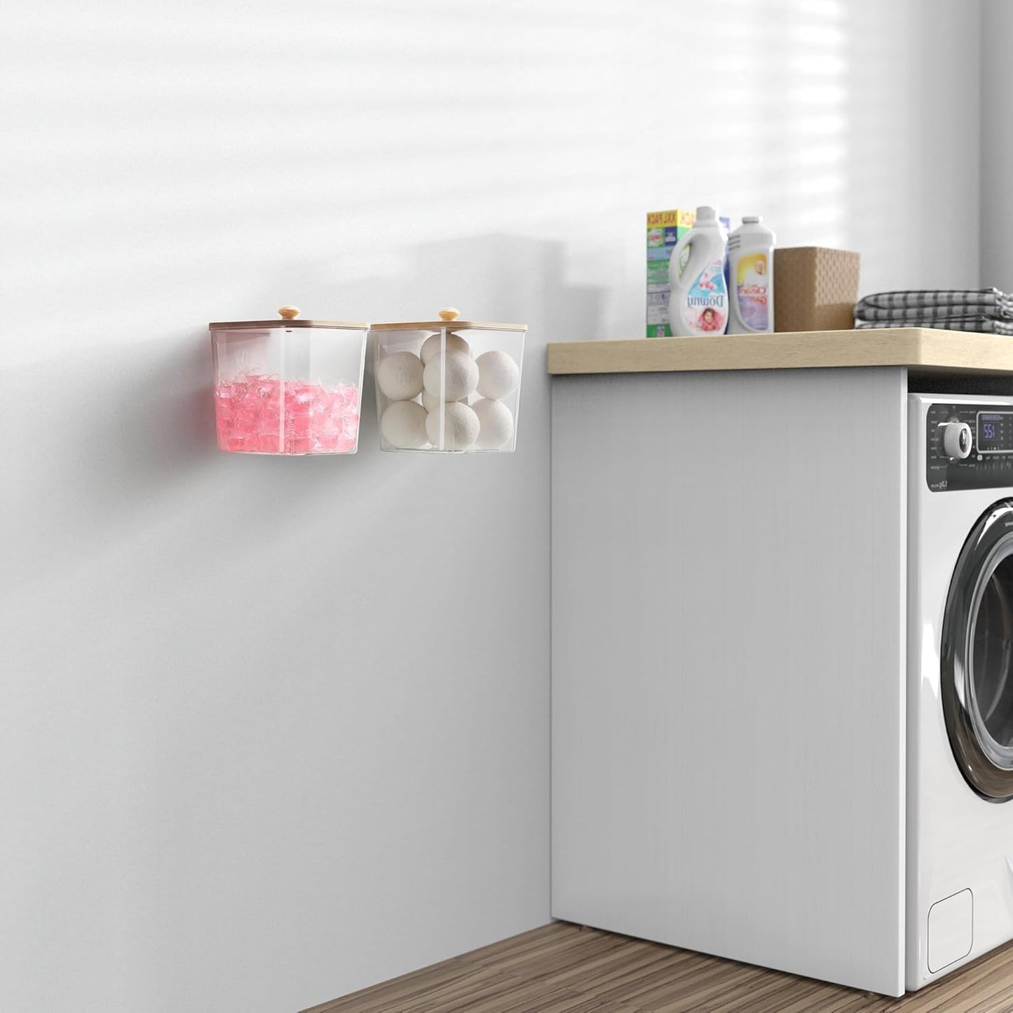 4 Pcs Extra Large Trash Bag Dispenser & Laundry Containers, Wall Mounted Clear Laundry Pods Container Dryer Sheet Holder with Lids for Laundry Room Organization and Storage