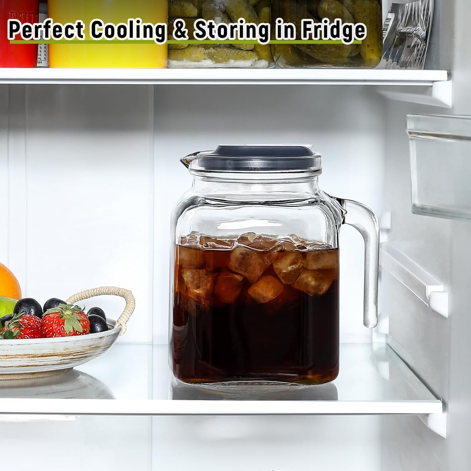 68 Oz Seal Pitcher with Lid and Spout, Large Iced Tea Pitcher for Fridge, Wide Mouth Glass Jar Container for Homemade Juice & Iced Tea, Iced Coffee, and Drinks