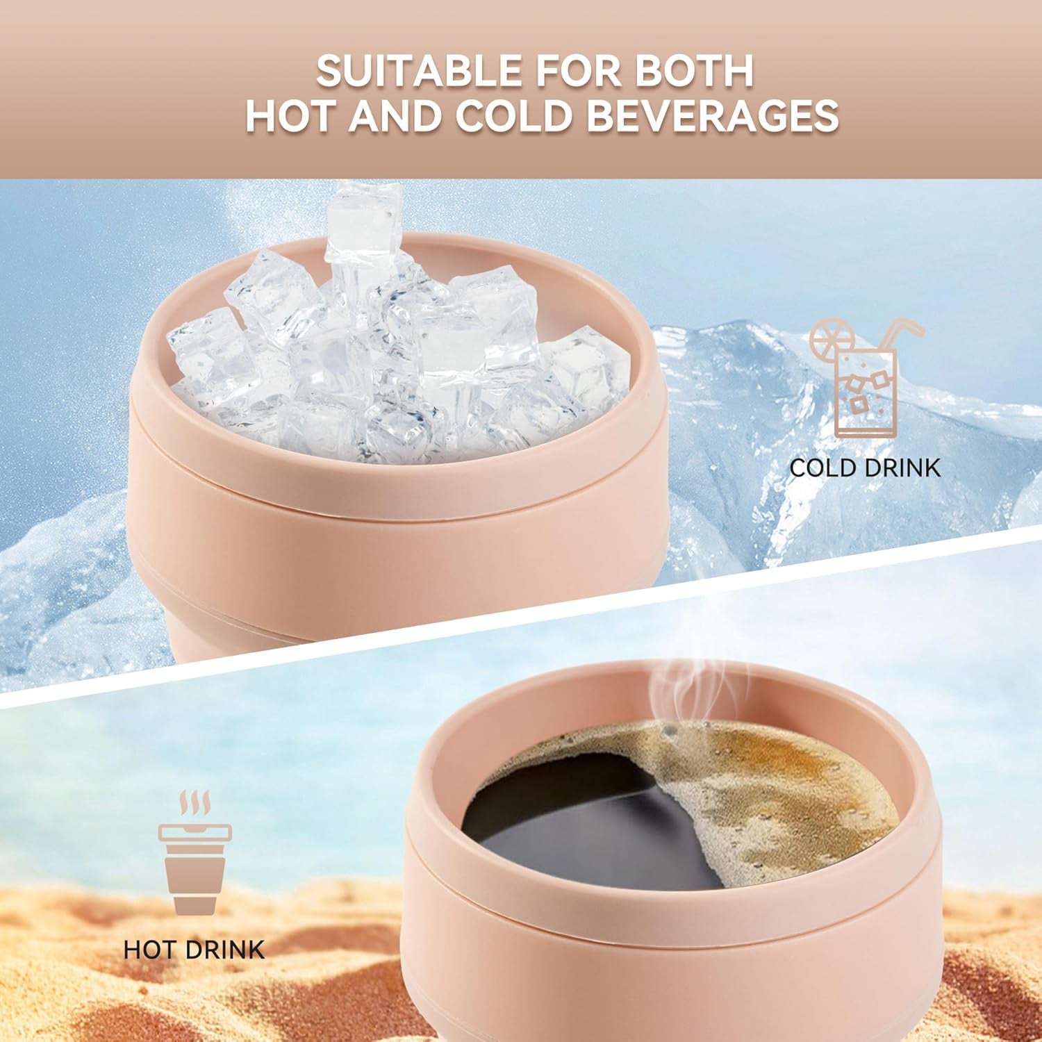 12Oz Collapsible Cup for Traveling, Collapsible Silicone Travel Cup for Hot and Cold Drinks, Leak Proof Silicone Folding Travel Coffee Mug for Camping & Hiking, BPA Free Pink