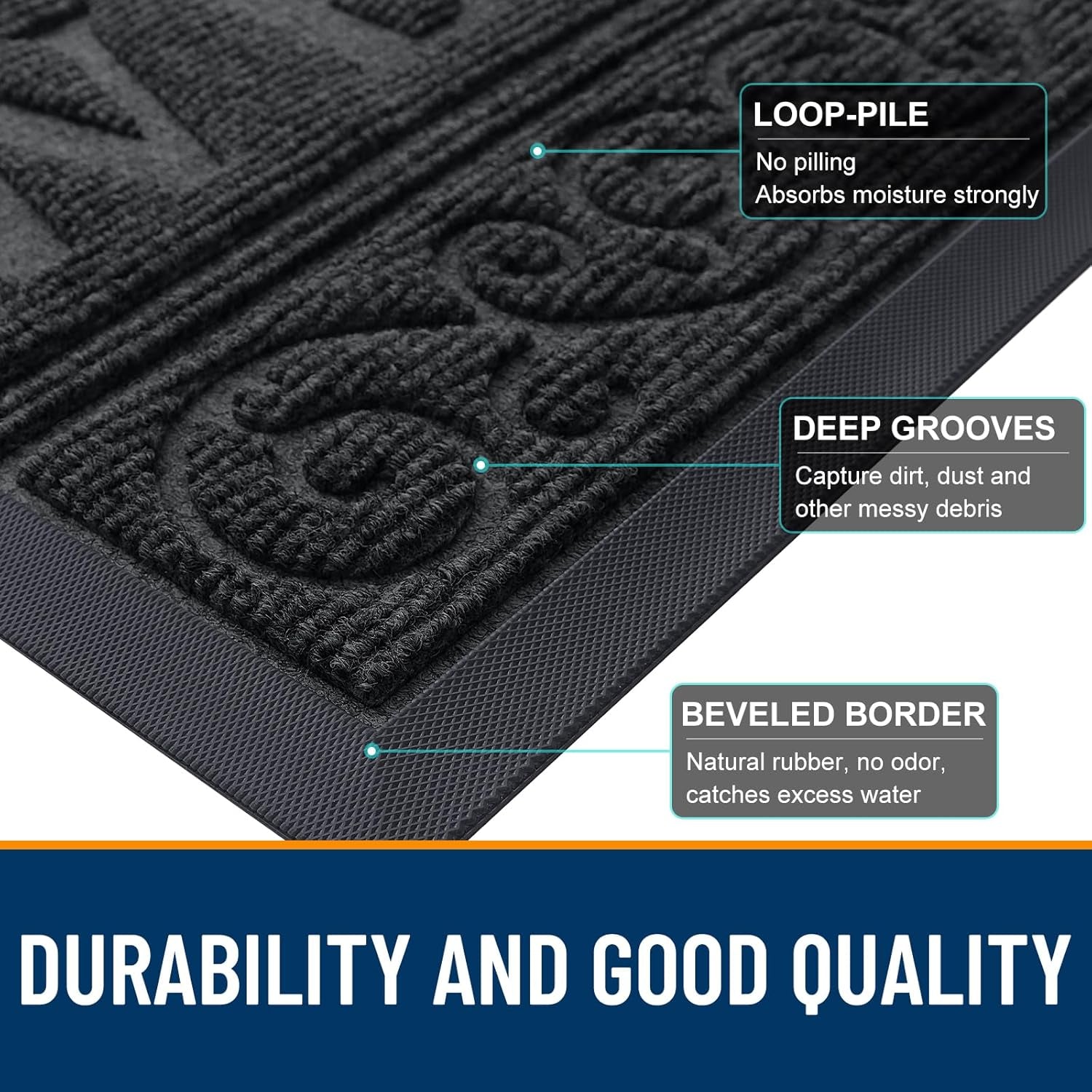 Welcome Door Mat Indoor Outdoor Entrance, Heavy Duty Sturdy Front Door Mat, Waterproof All-Weather Doormat, Stain Resistant, Low Profile, Easy Clean Patio Entryway Mat, 29.5 X 17, Black
