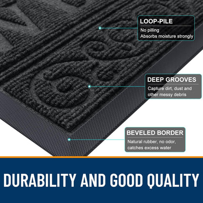 Welcome Door Mat Indoor Outdoor Entrance, Heavy Duty Sturdy Front Door Mat, Waterproof All-Weather Doormat, Stain Resistant, Low Profile, Easy Clean Patio Entryway Mat, 29.5 X 17, Black