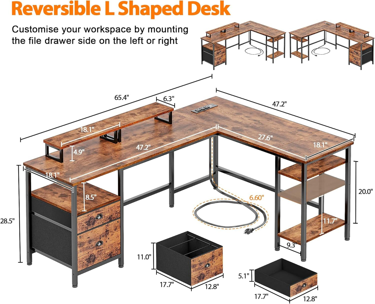 66” L Shaped Desk with Power Outlet, Reversible Computer Gaming Desk with File Drawer & 2 Monitor Stands for Home Office with Storage Shelves, Rustic Brown