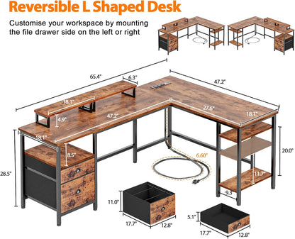 66” L Shaped Desk with Power Outlet, Reversible Computer Gaming Desk with File Drawer & 2 Monitor Stands for Home Office with Storage Shelves, Rustic Brown