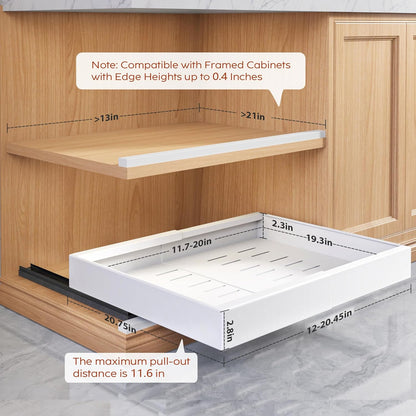 2-Pack 21" Deep Pull-Out Cabinet Organizers with Raising Pad for Framed Cabinets, Expandable Slide-Out Drawers with 3 Slide Rails, Adhesive Roll-Out Shelves, Adjustable Width 12"-20.45", White